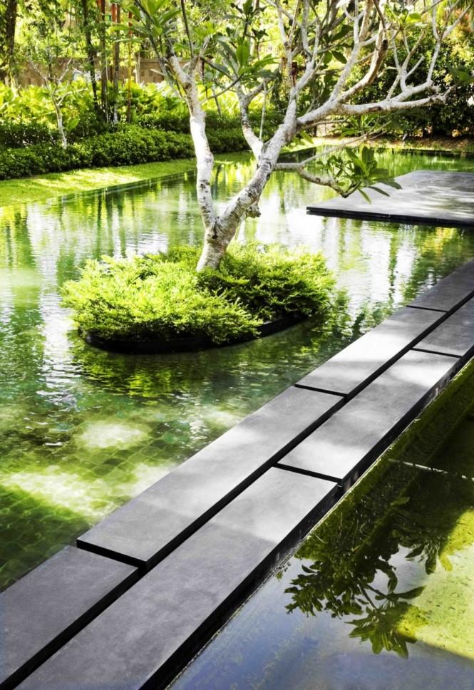 Garden pool Ponds and a pool were developed to provide beautiful focal points and a cool, serene atmosphere. Tiny islands on which trees float litter the sun-drenched courtyard, helping to build levels of greenery throughout the space.